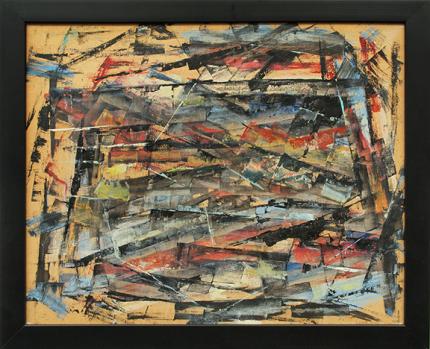 Charles Bunnell art for sale, abstract expressionist oil painting, 1956, mid-century modern, Colorado Springs fine arts center, broadmoor academy, red, yellow, blue, black