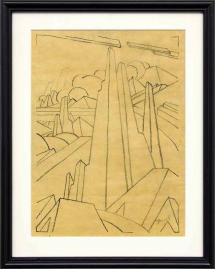 Charles Bunnell original vintage drawing for sale, modernist Rock Formations with Clouds, charcoal, circa 1930, wpa era 