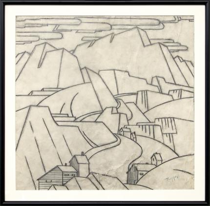 Charles Bunnell, Mine in the Mountains, Colorado, vintage landscape art for sale, graphite, circa 1935, broadmoor academy
