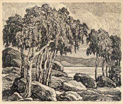 sandzén, Sven Birger Sandzen, "Birches, edition of 100", lithograph, 1924