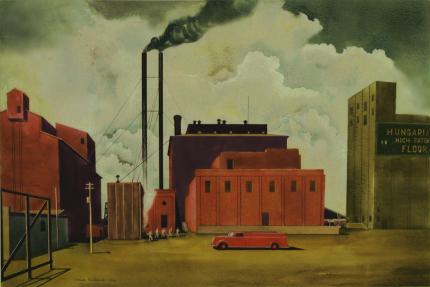 Vance Hall Kirkland, "Hungarian Flour Mill (Denver, Colorado)", watercolor on paper, 1936