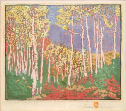 Gustave Baumann, "Aspen Red River; 54/100", woodcut, 1925