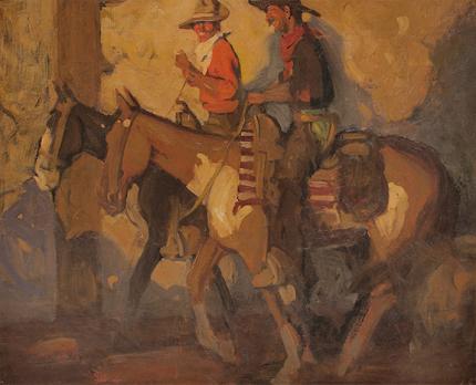 Allen Tupper True, "Untitled (Cowboys)", oil, c.1907