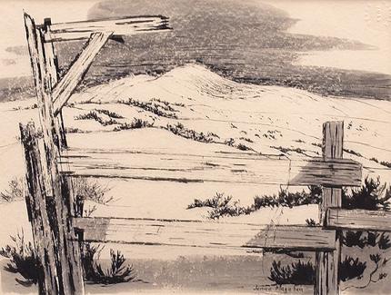 Jenne Magafan, "Prairie Fence", ink on paper, 1939