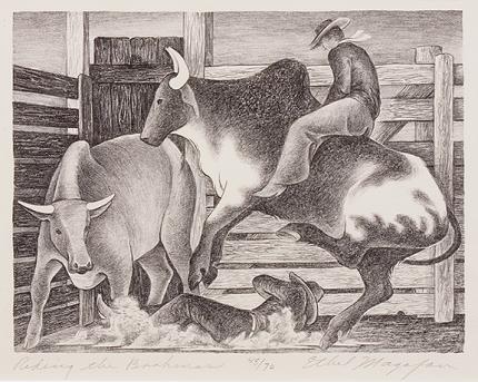 Ethel Magafan, "Riding the Brahmas, 48/70", lithograph, c. 1938