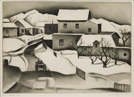 Gene (Alice Geneva) Kloss, "Taos In Winter", etching, 1934