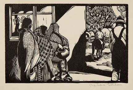 Barbara Latham, "Taos Village with Pueblo Indians", woodcut, 1932