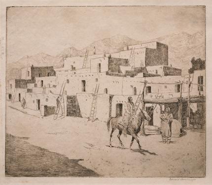 Edward Borein, "A Street in Taos", etching, 1915