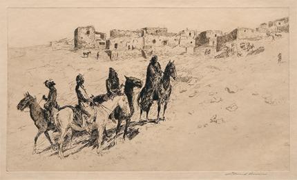Edward Borein, "Navajo Visitors at Oraibi", etching, circa 1925