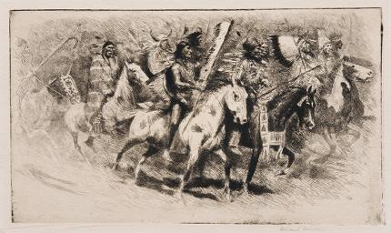 Edward Borein, "Umatilla Horse Dance", etching, circa 1925