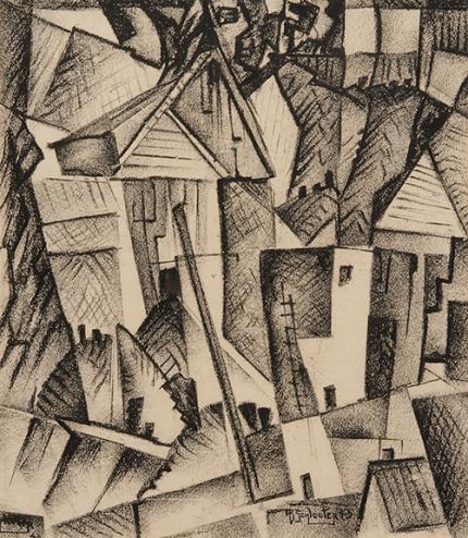 Howard Behling Schleeter, "Houses", charcoal, 1943 painting for sale purchase auction consign denver colorado art gallery museum