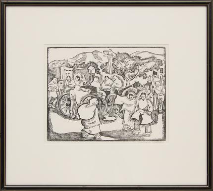 Barbara Latham, "Saturday Morning (Market, Taos Plaza, New Mexico)", linoleum cut, circa 1950 for sale purchase consign auction denver Colorado art gallery museum