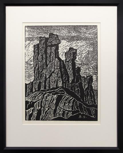 Birger Sandzen, "The Temple of the Great Spirit; one edition printed", woodcut, 1922, sven, art for sale, print, colorado landscape