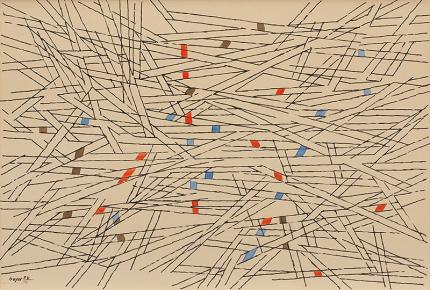 Herbert Bayer, "Abstract Composition in Brown, Orange and Blue", watercolor, 1954 for sale purchase