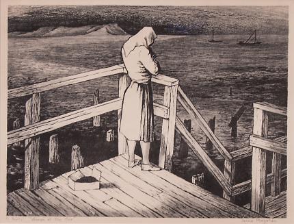 Jenne Magafan, "Woman at the Pier (San Francisco, California)", lithograph, 1943 for sale purchase consign auction denver Colorado art gallery museum