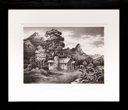 James Russell Sherman, "Tiny Town Cabin", lithograph, 1939 for sale purchase consign auction denver Colorado art gallery museum