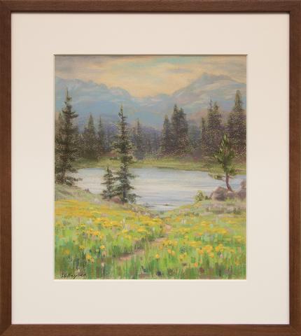Elsie Haynes, "Untitled (Lake and Mountains, Near Estes Park, Colorado)", pastel, circa 1940 for sale purchase consign auction denver Colorado art gallery museum