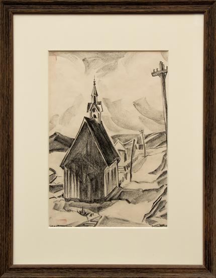 Muriel Sibell Wolle, "Back of Sheldon Jackson Memorial Chapel (Fairplay, Colorado)", conte crayon, 1933 for sale purchase consign auction denver Colorado art gallery museum