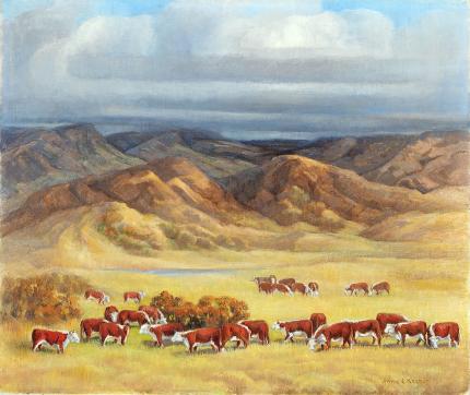 Anna Elizabeth Keener, "Herefords on the Range", oil, 1963 painting for sale purchase consign auction art gallery denver colorado historical sandzen student