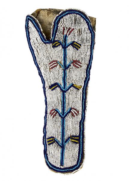 Holster, Sioux, plains indian, native american, Antique, beaded, beadwork, pictorial, corn plants, trade beads, white-heart red, white, blue, greasy yellow, hide, rawhide 