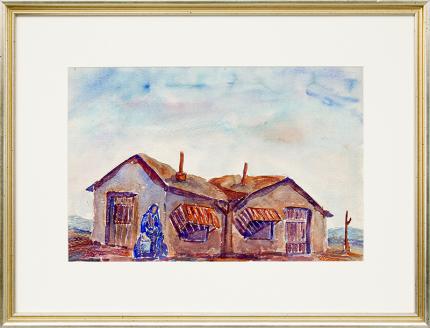 Frank "Pancho" Gates, original vintage painting, Woman Carrying Water with Adobe House, watercolor, circa 1945, for sale