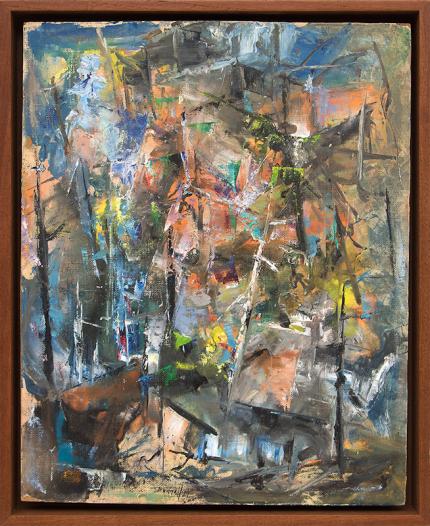 Charles Bunnell, Cabin in the Rockies, oil painting, for sale, abstract, art, 1957, abstract expressionist, broadmoor academy, red, yellow, blue, black
