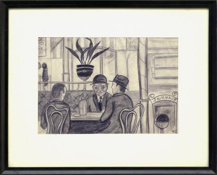 Hilaire Hiler, 1920s drawing for sale, Men in a Café, Paris, France, graphite, circa 1925