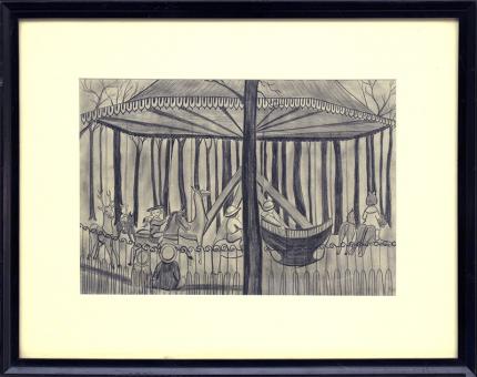 hilaire hiler carousel, paris, merry go round, france, 1920s print, vintage art for sale, graphite drawing, children, park
