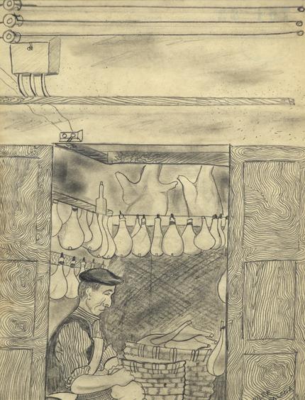 Hilaire Hiler vintage art for sale, Boucherie, butcher, Paris, france, graphite drawing, 1929