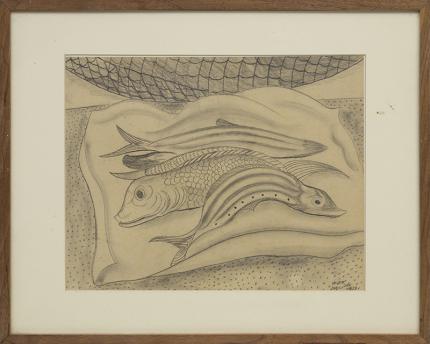 hilaire hiler fish market, still life, poisson, graphite drawing for sale, vintage 1920s