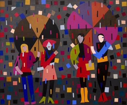 Margo Hoff, "Girls in the Rain", mixed media painting, 1980s, modern, gray, black, red, pink, orange, green, fuchsia, yellow