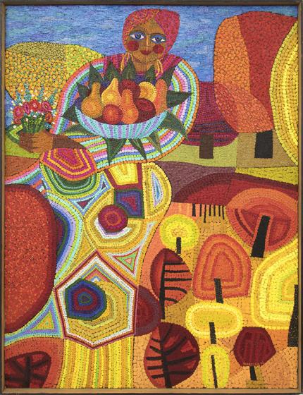 Edward Marecak, "Demeter", oil painting, 1970, vintage, art for sale, greek mythology, fruit, abstract, trees, female figure, denver art, orange, yellow, green, blue, red, brown