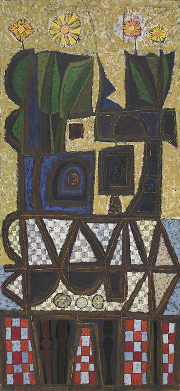 Edward Marecak, Still Life, oil painting for sale, 1960s, mid-century, midcentury, modern, abstract, gold, green, blue, orange, white