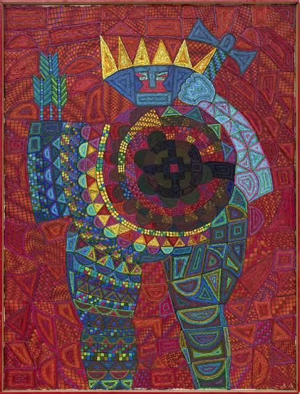 Edward Marecak, The Warlord, oil painting, for sale, 1990, vintage, art, denver, modern, abstract, modernist, cubist, arrows, red, blue, yellow, green, orange, pink, purple