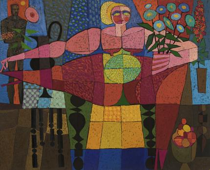 Edward Marecak, Goddess of Fertility, oil, 1966, painting, art for sale, mid-century, midcentury modern, vintage, cubist, modernist, abstract, female, male, flowers, nude, fruit, red, blue, yellow, gold, green, black, brown, pink