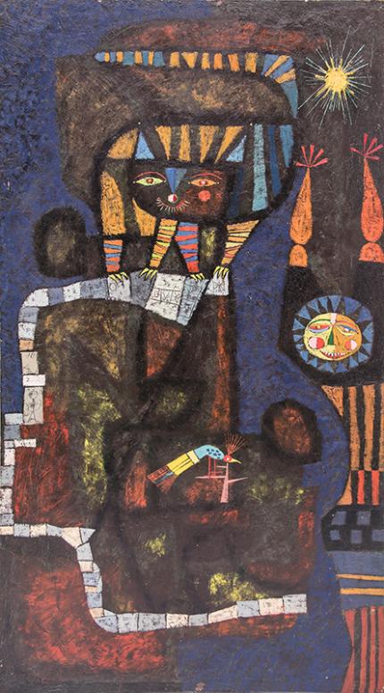Edward Marecak, I Send Evil into the Night, oil painting, 1956, vintage, 1950s, abstract, art for sale, purchase, blue, black, yellow, brown, red, orange, white, purple, bird, figure, geometric, sun