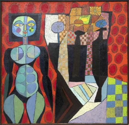 Edward Marecak, "Witch with Still Life", oil painting for sale, vintage, abstract, cubist, circa 1960s, mid-century modern, midcentury modern, midmod