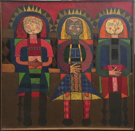 Edward Marecak, The Three Fates Sit #1", oil painting, for sale, 1962, mid-century modern, midcentury modern, abstract, mythology, figurative, blue, green, red, yellow, gold, orange, brown
