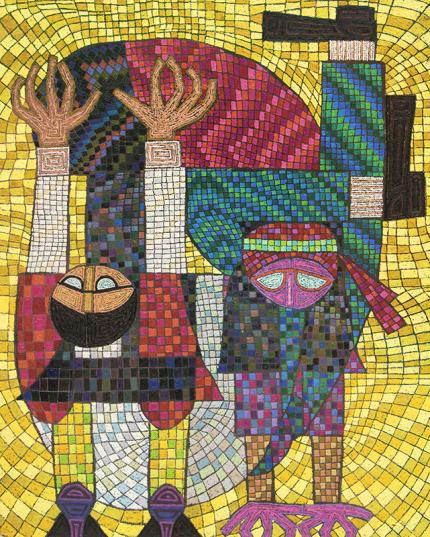 Edward Marecak, "Acrobats", oil painting, 1990's, modernist, yellow, green, pink, red, blue, purple, figures, abstract