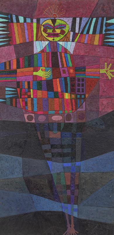 Edward Marecak, "The Evil One", abstract oil painting for sale, 1980s, cubist, fuchsia, pink, purple, blue, black, green, yellow, orange, red