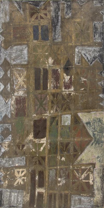 Edward Marecak art for sale, "Nero's House of Gold", abstract oil painting, 1965, mid-century modern art, earth tones, brown, green, olive, cream, white, red