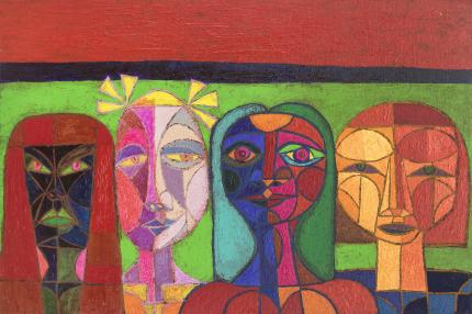 Edward Marecak, "The Committee", acrylic, 1980s, vintage abstract art for sale, female figures, portrait, cubist, cubism, red, green, purple, orange, yellow, black, blue