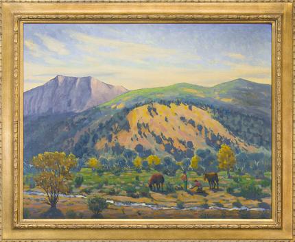 Harold Skene, "Creekside Camp", oil, 1961 painting fine art for sale purchase buy sell auction consign denver colorado art gallery museum                                      