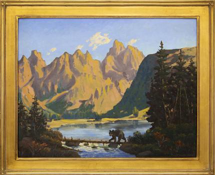 Harold Skene, "Little Bear (Landscape with Lake and Mountains)", vintage oil painting for sale, 1959, colorado, brown, black bear, lake, river gold frame