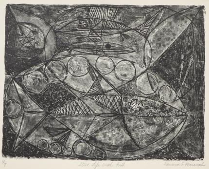 Edward Marecak, Still Life with Fish #2, lithograph, black, white, 1940, 1950, 1960,1970, Print, modernist, midcentury, modern, abstract, Art, for sale, Denver, Colorado, gallery, purchase, vintage