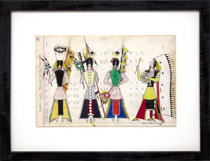 James Black ledger drawing  "Bowstring (Initiation Day, Cheyenne Bowstring Society)", colored pencil, 2018 painting fine art for sale purchase buy sell auction consign denver colorado art gallery museum       