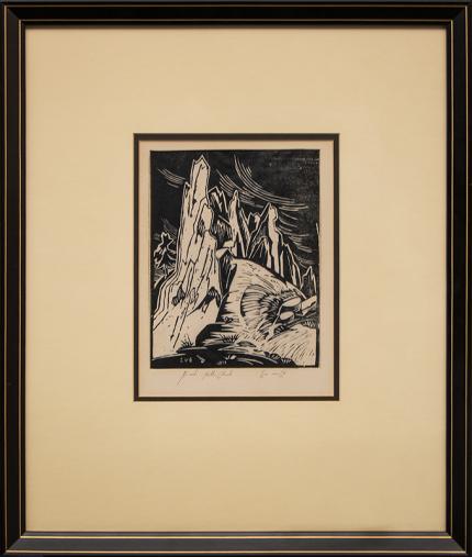 Eve Drewelowe, "Red Rocks - Boulder, Colorado", woodcut (Woodblock) painting fine art for sale purchase buy sell auction consign denver colorado art gallery museum