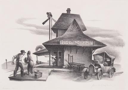 James Fitzgerald, "Monument, Colorado", lithograph, 1937 wpa era print regionalist broadmoor academy railroad station social realist 