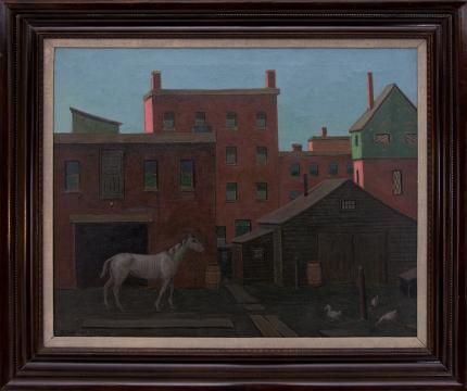 Francis Drexel Smith, "Untitled (Horse Stable in an Urban Landscape)", oil, circa 1930 painting fine art for sale purchase buy sell auction consign denver colorado art gallery museum