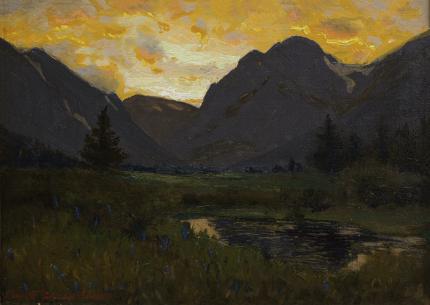 Charles Partridge Adams, "Moraine Park at Sunset, Estes Park, Colorado (Rocky Mountain National Park)", oil, early 20th century painting fine art for sale purchase buy sell auction consign denver colorado art gallery museum 